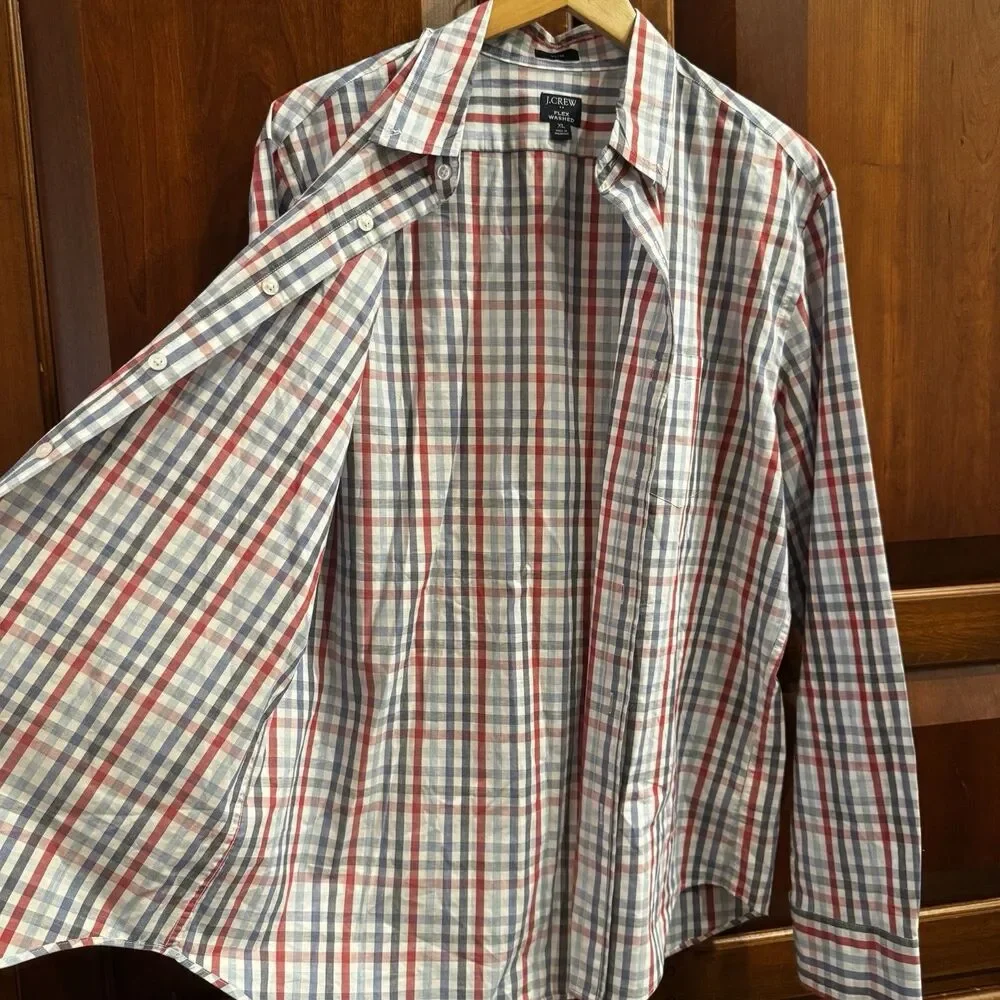 J.Crew Flex Washed Plaid Button Down Shirt Red Blue White Gingham Shirt XL